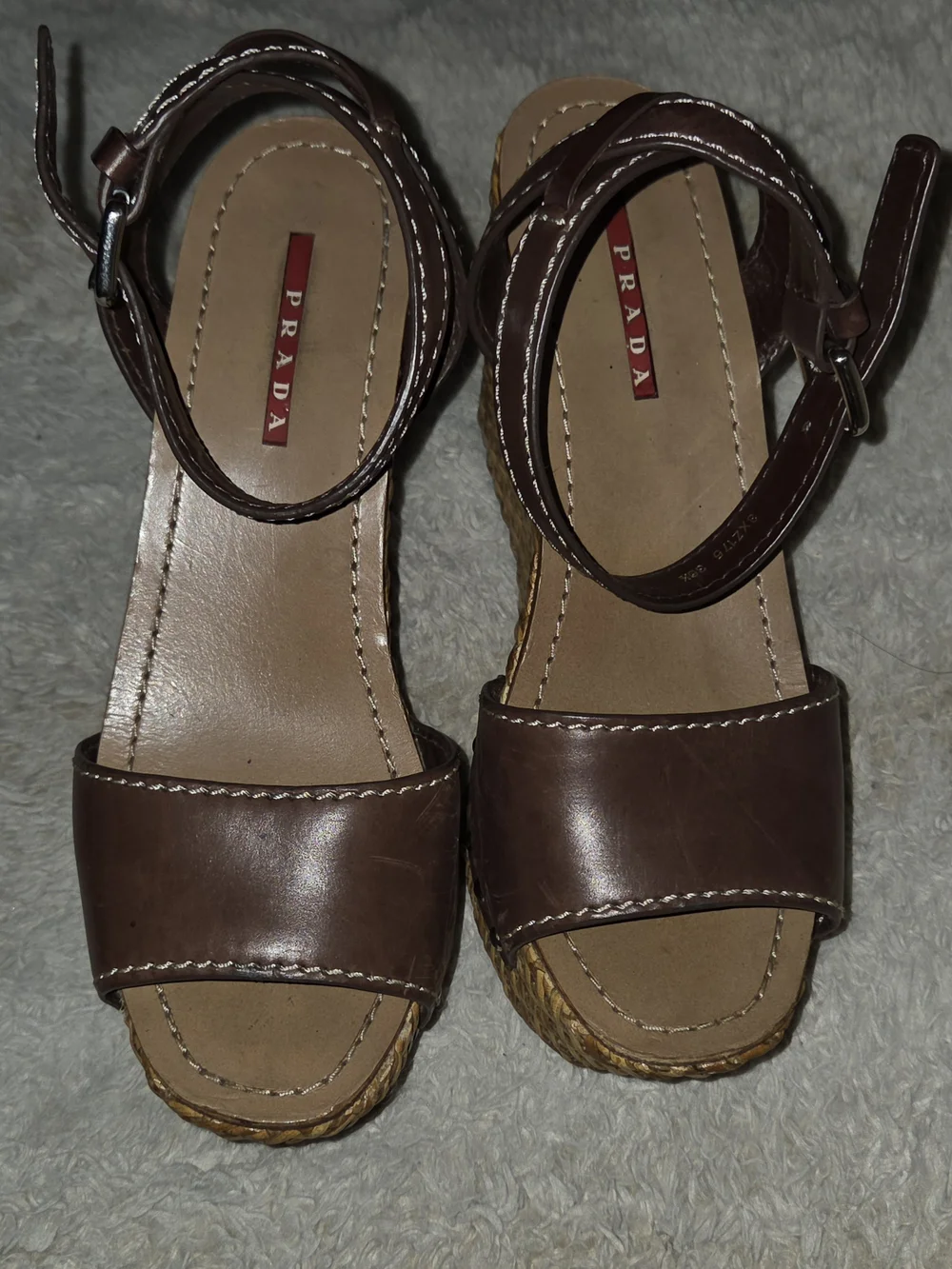 Prada Brown Leather Rattan Wedge Sandals Size 6 US or Size 36.5 EU